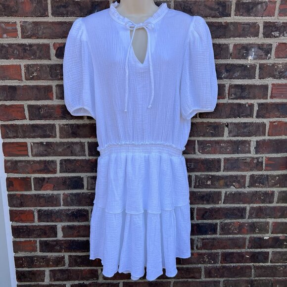 DREW Dresses & Skirts - DREW Size L Puff Sleeves Mini Dress Tiered White Party 100% Cotton Beachy